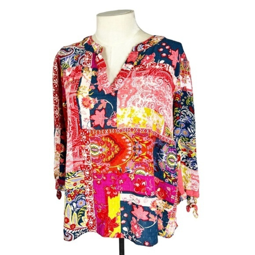 Boho patchwork top split neck tie sleeves bright artsy size Large colorful